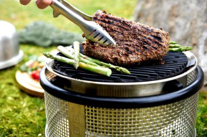 Steak and Asparagus grilling on the Cobb Griddle