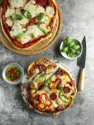 Bamboo Cobb Cutting Board with Pizza on top