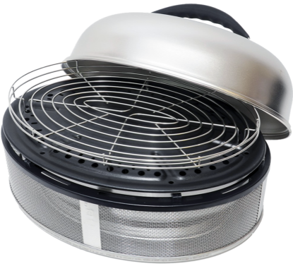 Cobb Supreme portable charcoal cooker with dome lid removed to show roasting rack